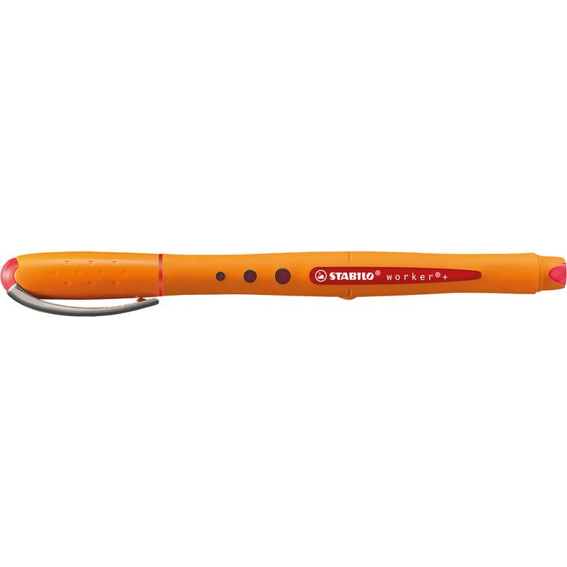 Orange STABILO worker+ Marker mit roten Akzenten und silbernem Clip, gezeigt auf weißem Hintergrund.