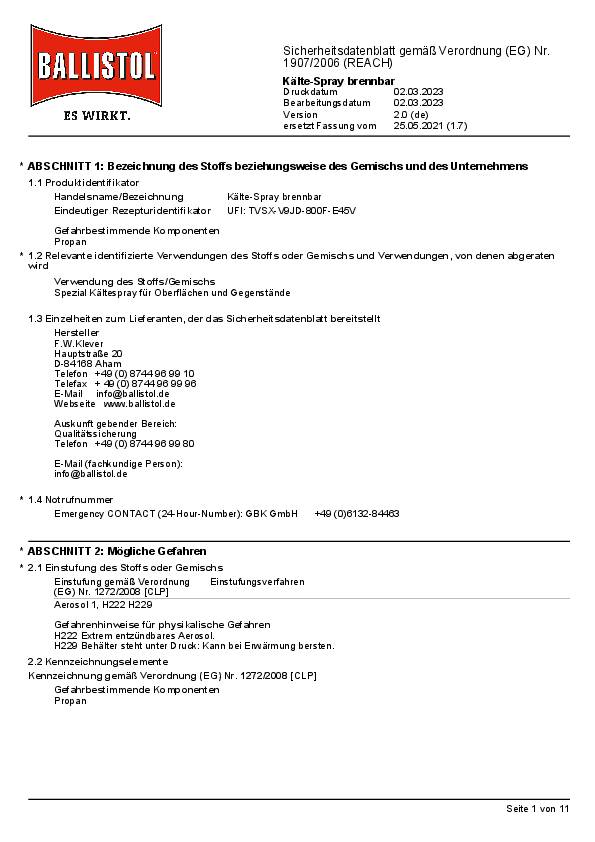 Kältespray 300 ml b.max.-52GradC Spraydose BALLISTOL
