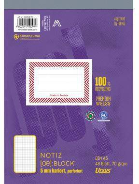 Violettes A5-Notizbuchcover mit leerem liniertem Etikettenbereich, Barcode und deutschem Text mit der Aufschrift „NOTIZ BLOCK