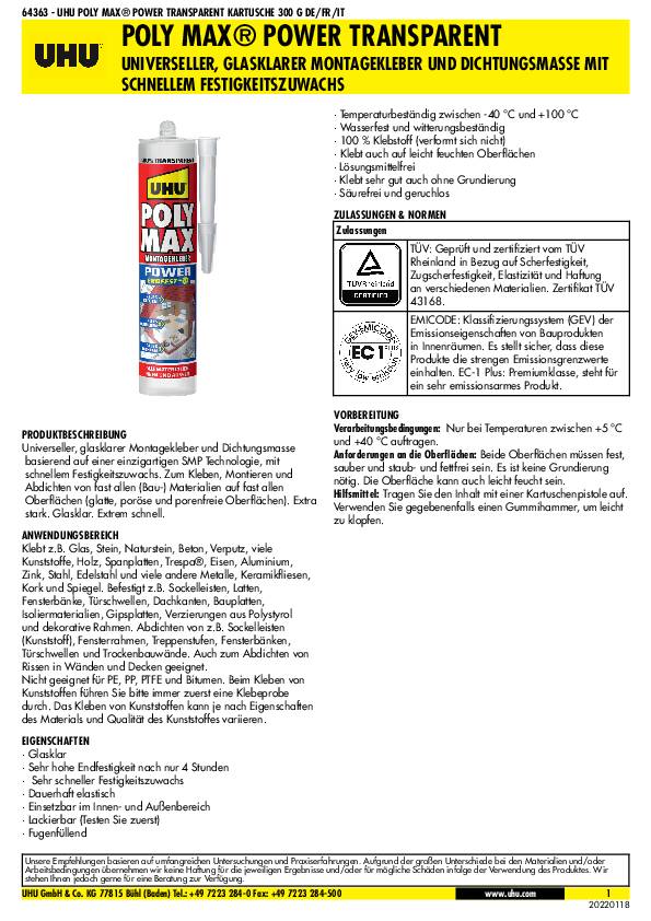 Kleb- u.Dichtstoff POLY MAX POWER glasklar 300g Kartusche UHU