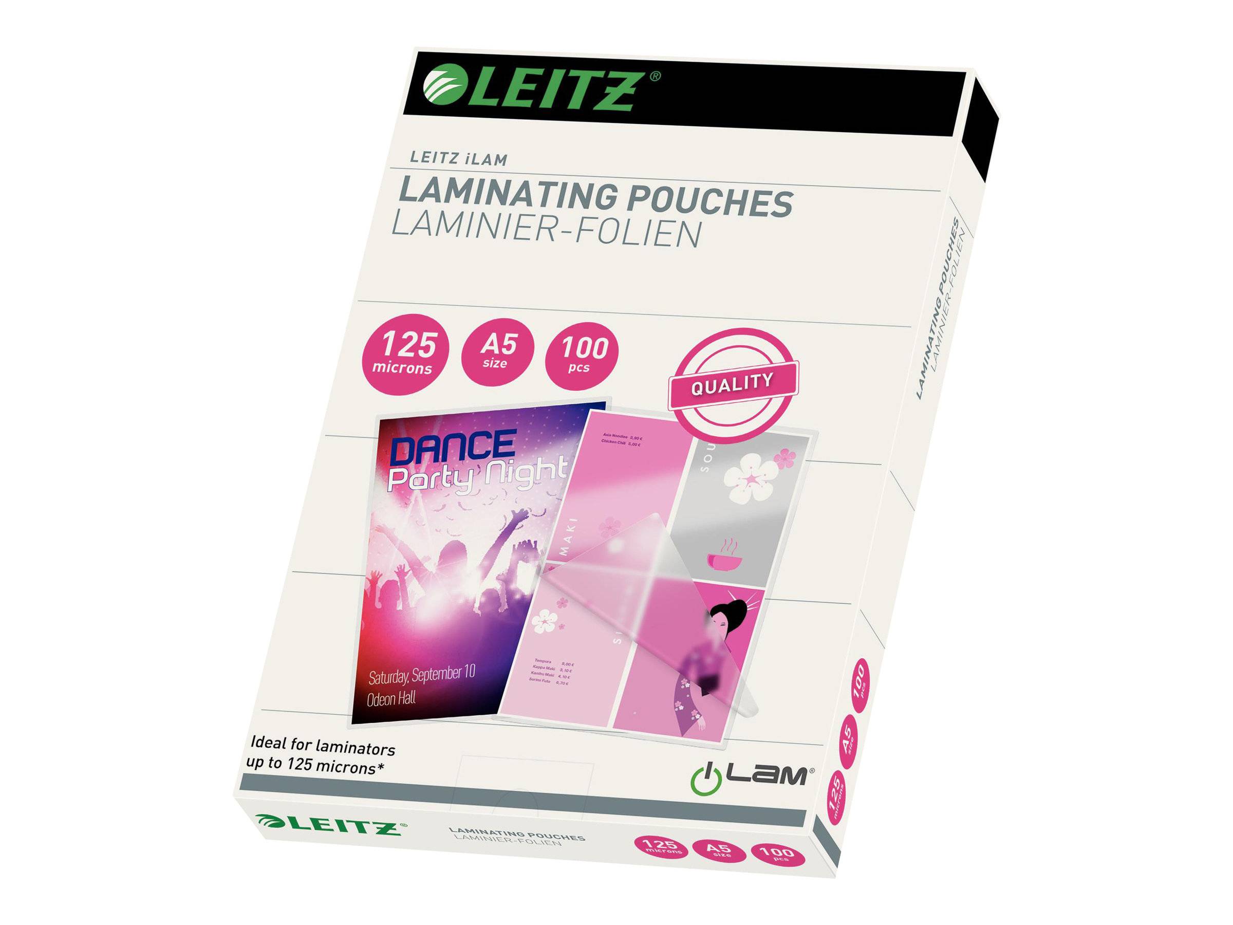 LEITZ Laminierfolien Packung, A5 Format, 125 Mikron, 100 Stück, mit „Qualitäts