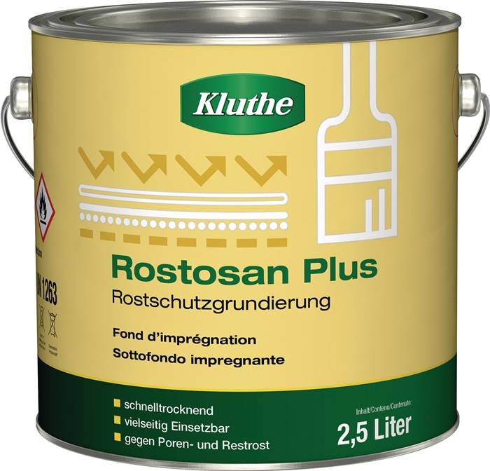Eine Dose 'Rostosan Plus Rostschutzgrundierung' von Kluthe, 2,5 Liter. Gelbes Etikett mit einem Pinsel-Symbol. Geeignet für Rostschutz.