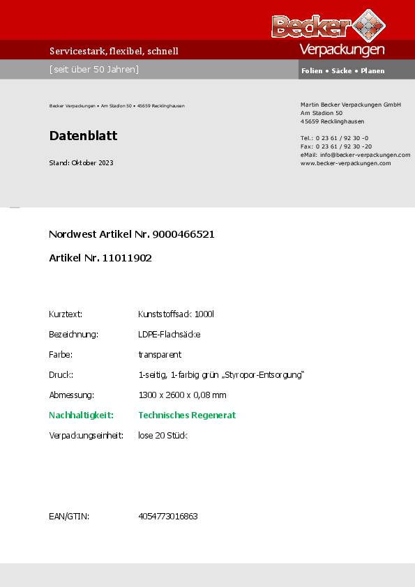 Kunststoffsack 1000l LD-PE transp.80 µm B1300xL2600mm 20St./Karton