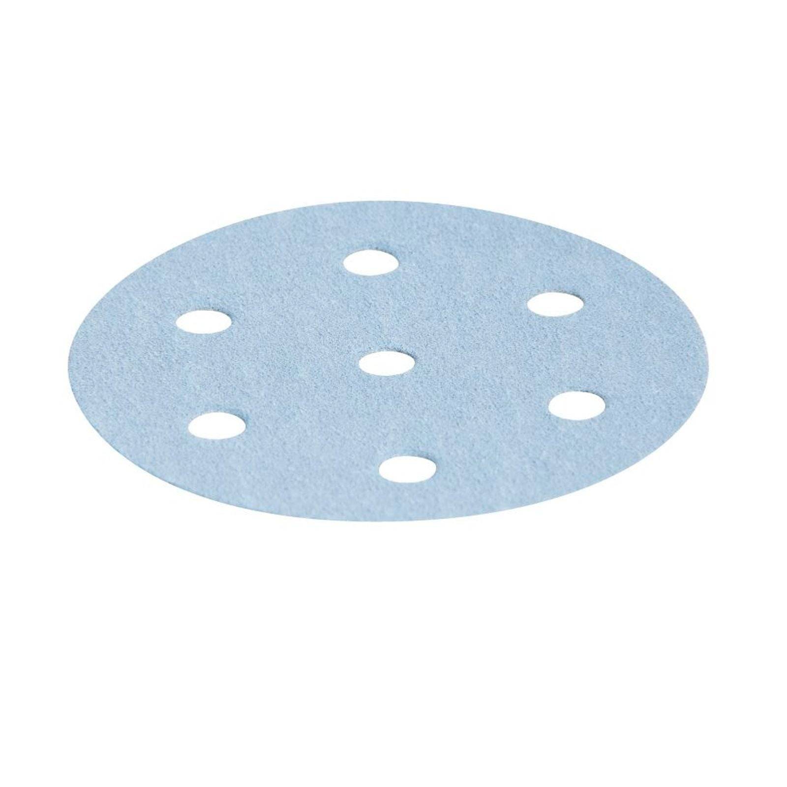 Eine runde blaue Schleifscheibe mit 8 Löchern, die zum Glätten von Oberflächen in Hobby- oder professionellen Projekten verwendet wird.