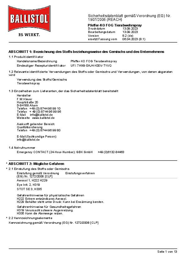 Tierabwehrspray PFEFFER-KO FOG 40ml m.Gürtelclip Spraydose BALLISTOL