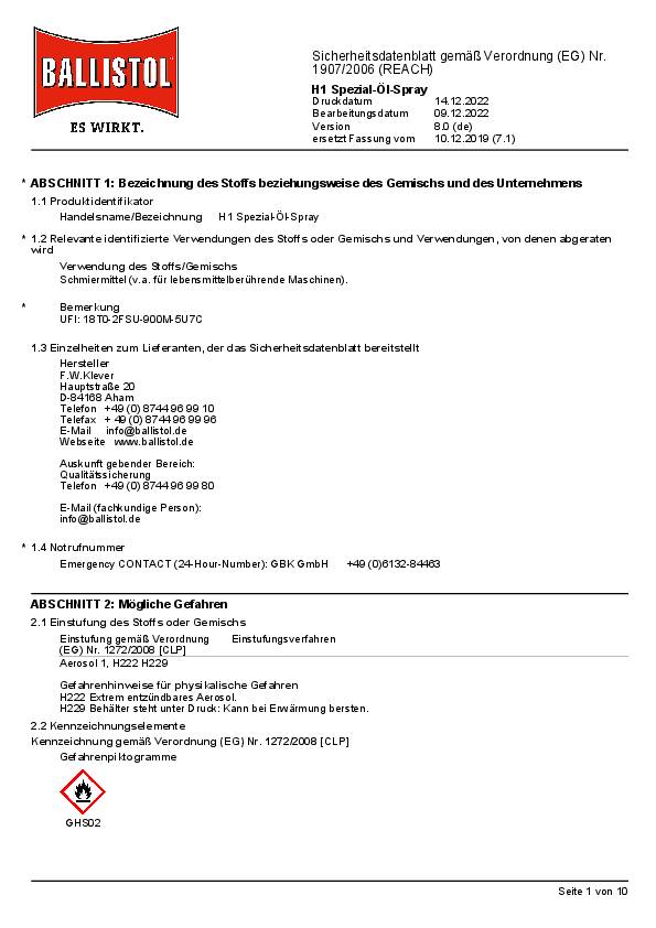 Spezial-Öl H1 400 ml Spraydose BALLISTOL