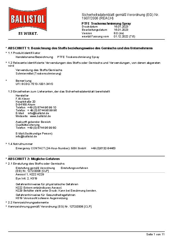 PTFE Trockenschmierung farblos/weißlich n.dem Trocknen 400ml Spraydose BALLISTOL
