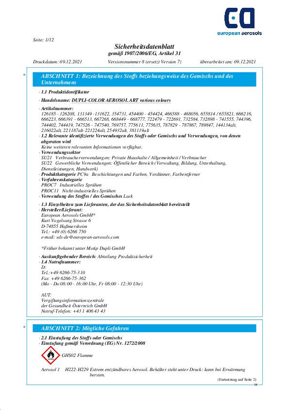 Buntlackspray AEROSOL Art enzianblau glänzend RAL 5010 400ml Spraydose