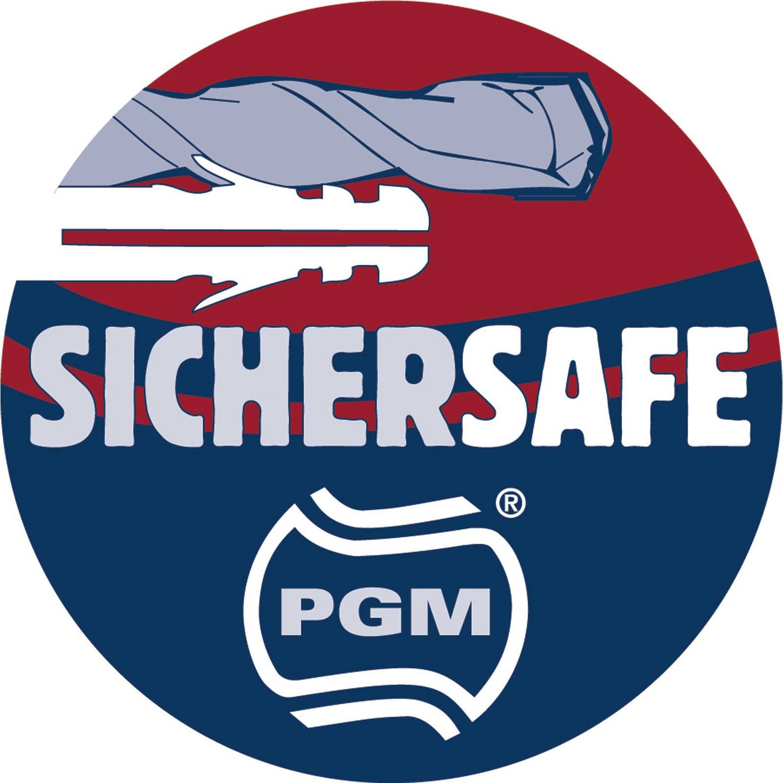 Logo der 'Sichersafe PGM' mit einem stilisierten Bild mit roten und blauen Elementen und einem Schlüsseldesign an der Spitze.