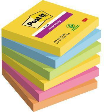 Stapel von mehrfarbigen Post-it-Notizblocken, die 3M Super Sticky Notes in verschiedenen Pastellfarben zeigen.