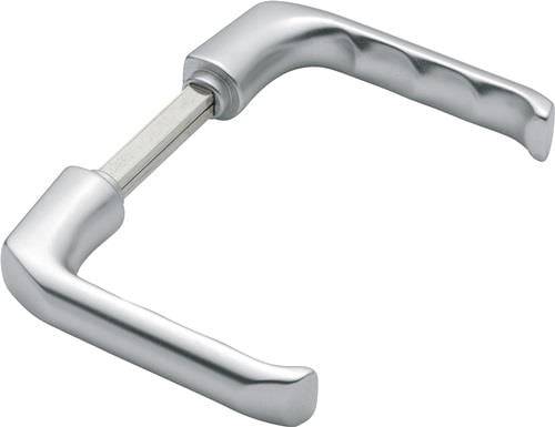 Ein silberner L-förmiger Metallgriff mit quadratischer Befestigungsfläche, häufig für Türen verwendet.