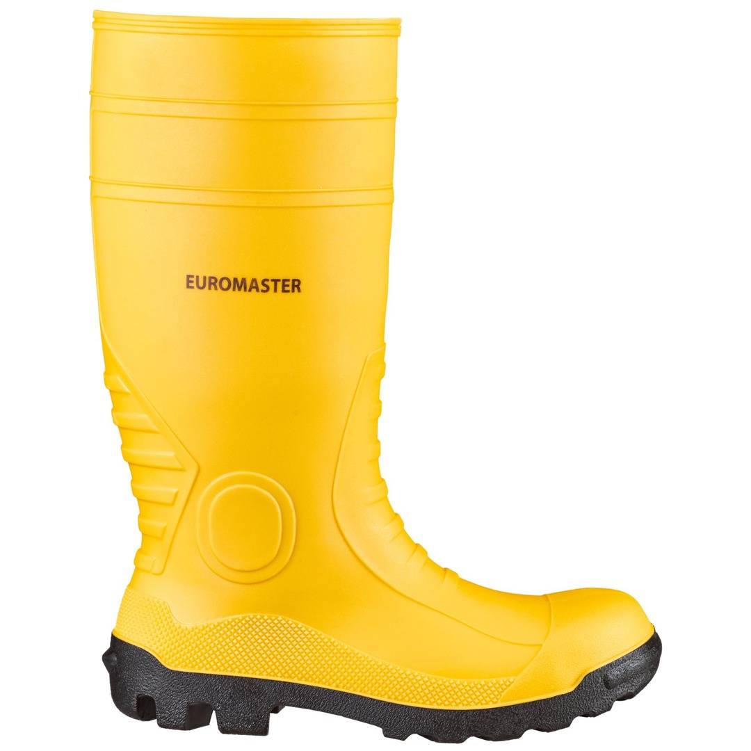 Gelber knöchelhoher Gummi-Arbeitsstiefel mit schwarzer Profilsohle, mit der Aufschrift 