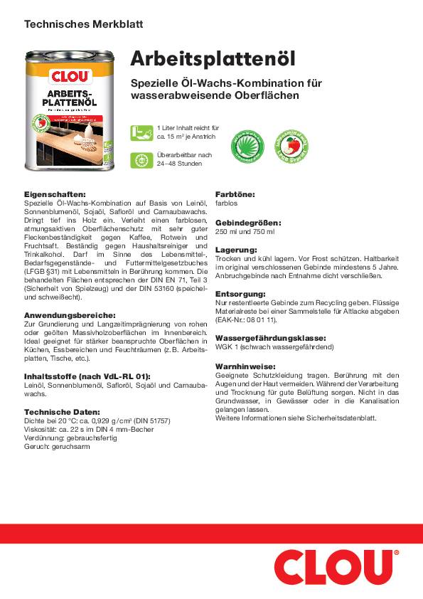 Arbeitsplattenöl farblos 250 ml Dose CLOU
