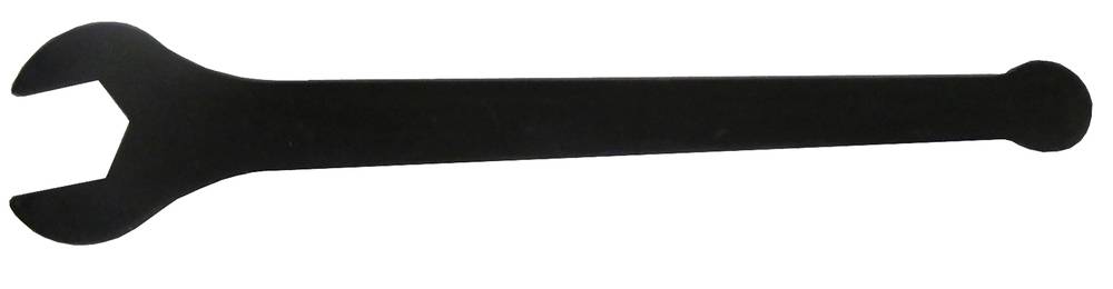 Ein schwarzes offenes Gabelschlüssel-Werkzeug, horizontal auf weißem Hintergrund dargestellt.