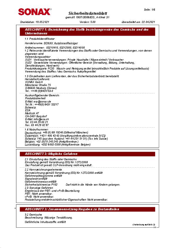 AutoInnenReiniger 500 ml Sprühflasche SONAX