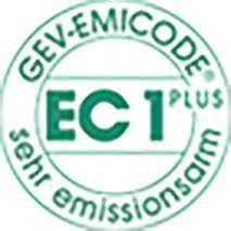 Logo 'GEV-EMICODE EC 1 PLUS', der ein sehr emissionsarmes Produkt kennzeichnet.