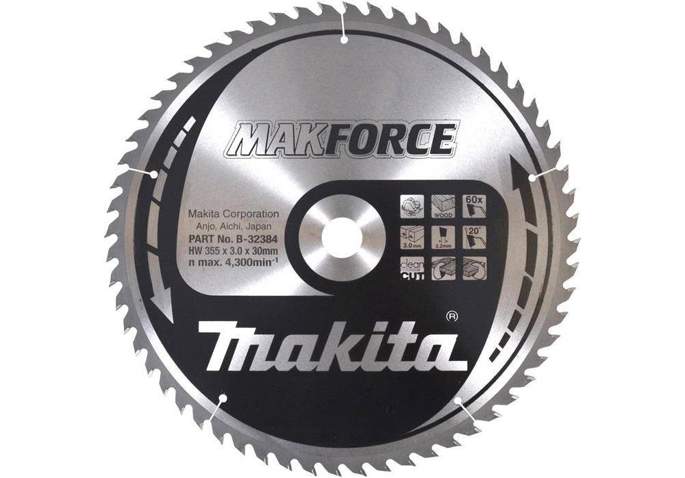 Makita MAKFORCE Kreissägeblatt mit silbernem und schwarzem Etikett, Mittelloch und Zähnen rundherum.