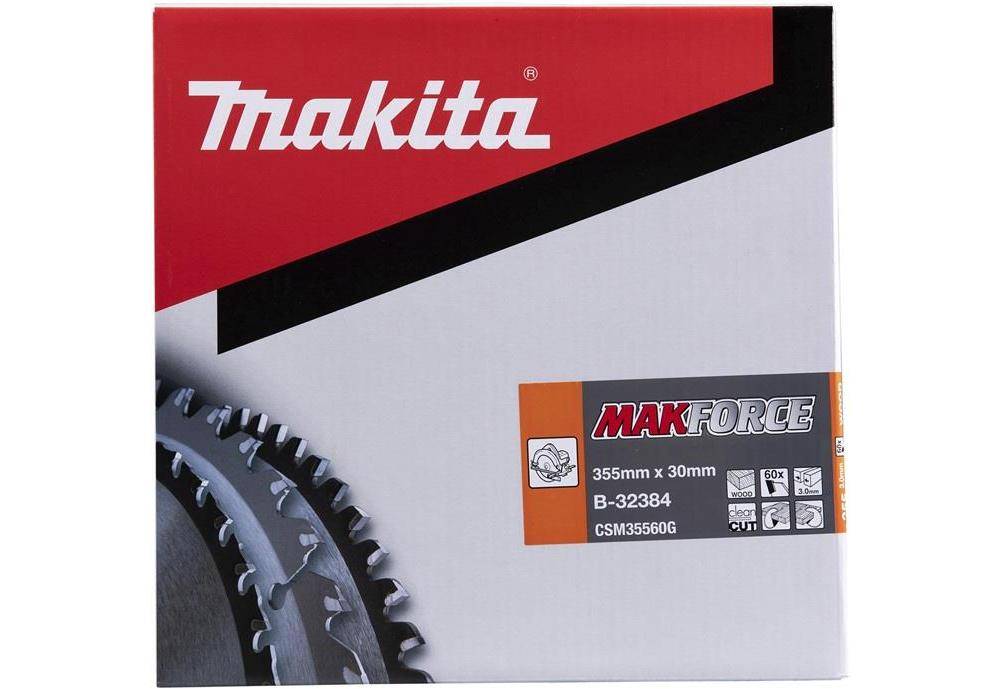Makita MakForce Sägeblatt-Paket, 355 mm x 30 mm, B-32384, mit Sägeblatt-Abbildung und Produktetiketten.