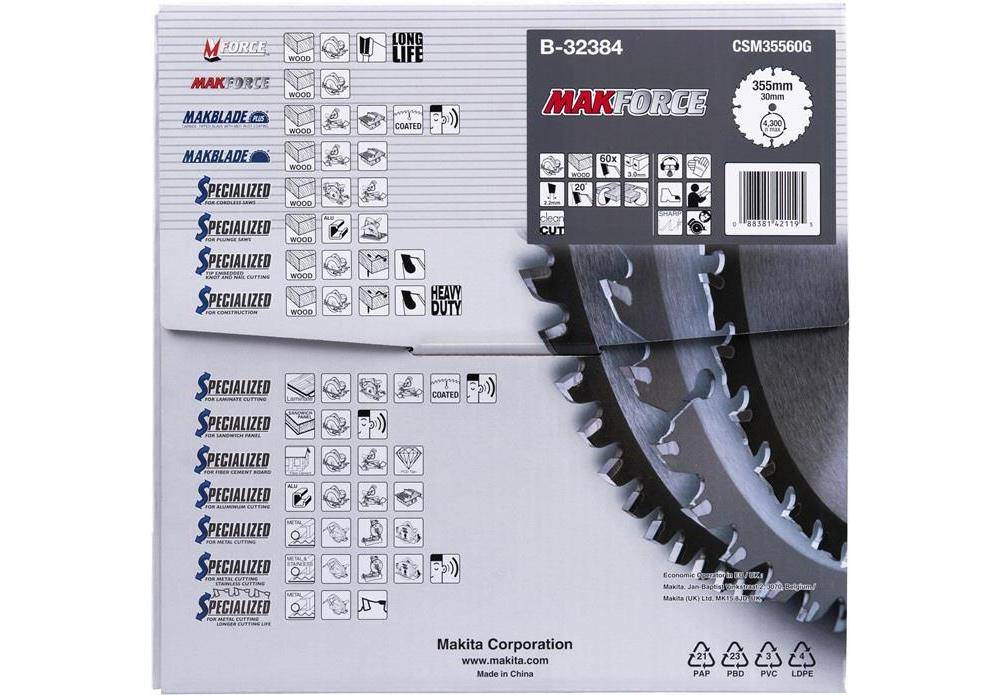 Produktverpackung für ein MAKFORCE 355-mm-Sägeblatt mit Kompatibilitätssymbolen, einem Barcode und einem großen Bild des gezahnten Kreissägeblatts.