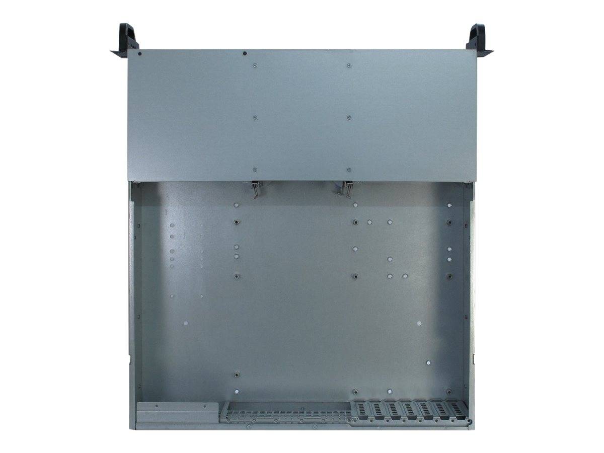Leerer grauer Metallserver-Rack-Schrank mit Montageschienen und Kabelöffnungen, von vorne betrachtet.