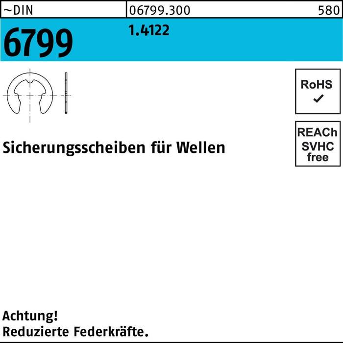 Die Abbildung zeigt eine beschriftete Skizze einer Sicherungsscheibe für Wellen mit der Teilenummer 6799, die die RoHS- und REACH-Anforderungen erfüllt. Hinweis: 'Reduzierte Federkraft'.