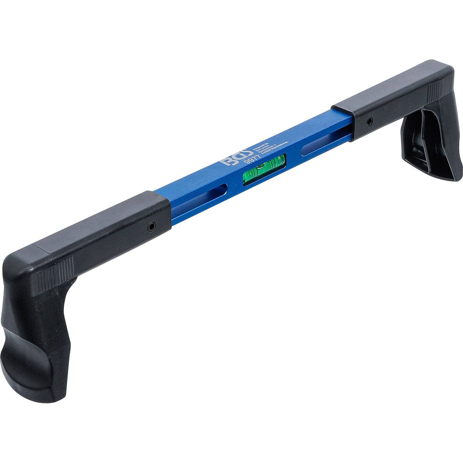 Ein blau-schwarzer Handgriff-Panellifter mit integrierter Libelle, verwendet zum Anheben oder Justieren von Platten.