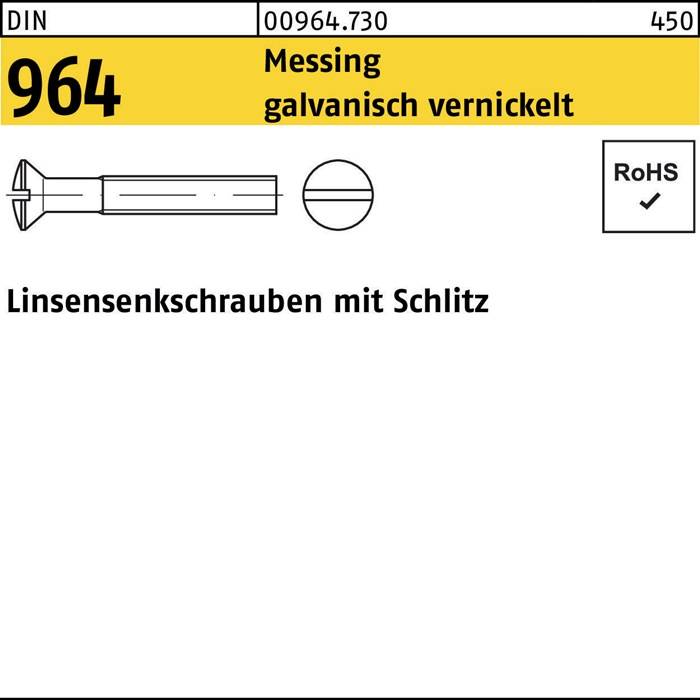 Schlitzkopfschrauben 'Messing galvanisch vernickelt', Code 964, Größe 450. RoHS-konform. Einschließlich Schraubendiagramm.