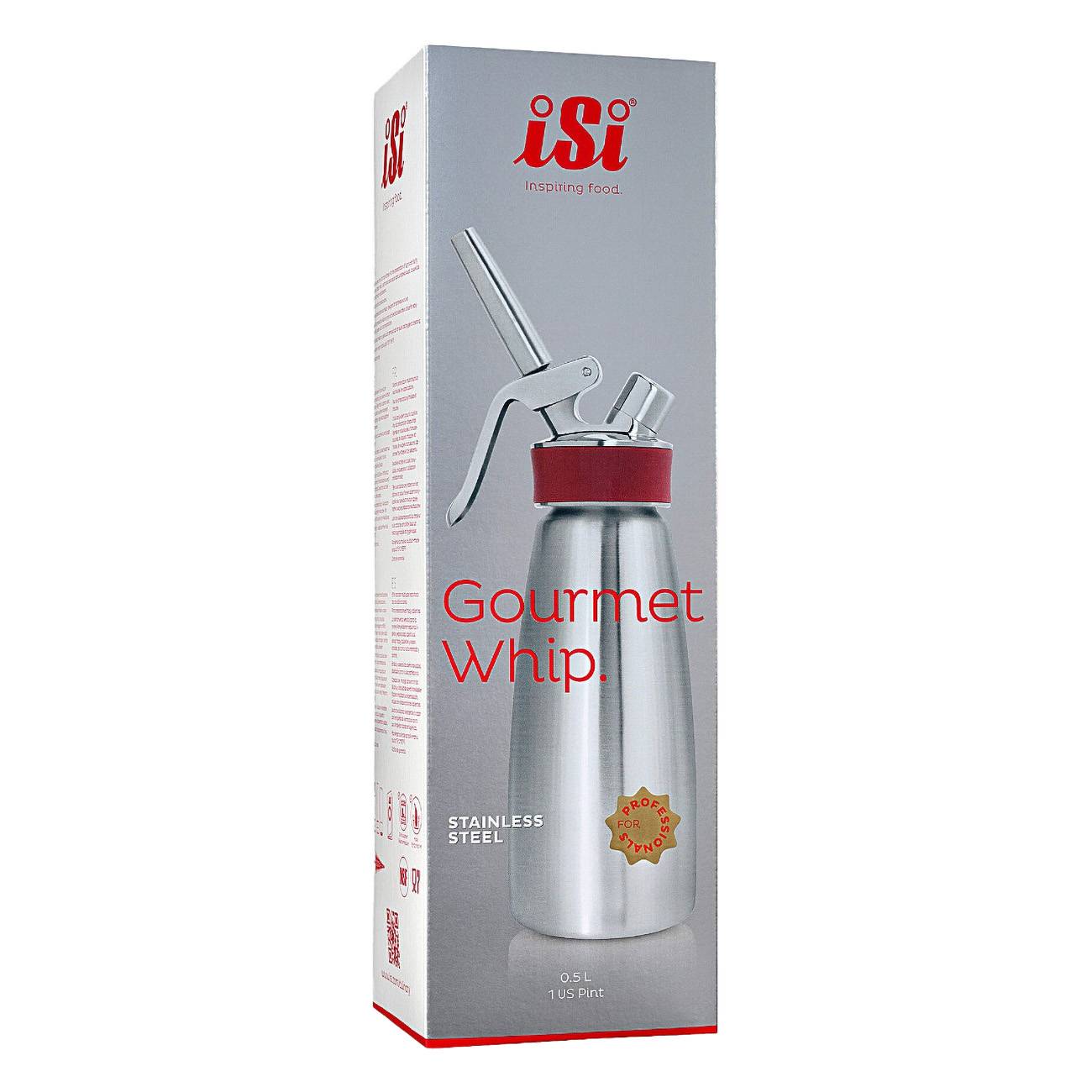 Karton eines iSi 'Gourmet Whip' Edelstahl-Schaumstoffs, der das Dispenser-Bild und den Produktnamen zeigt.