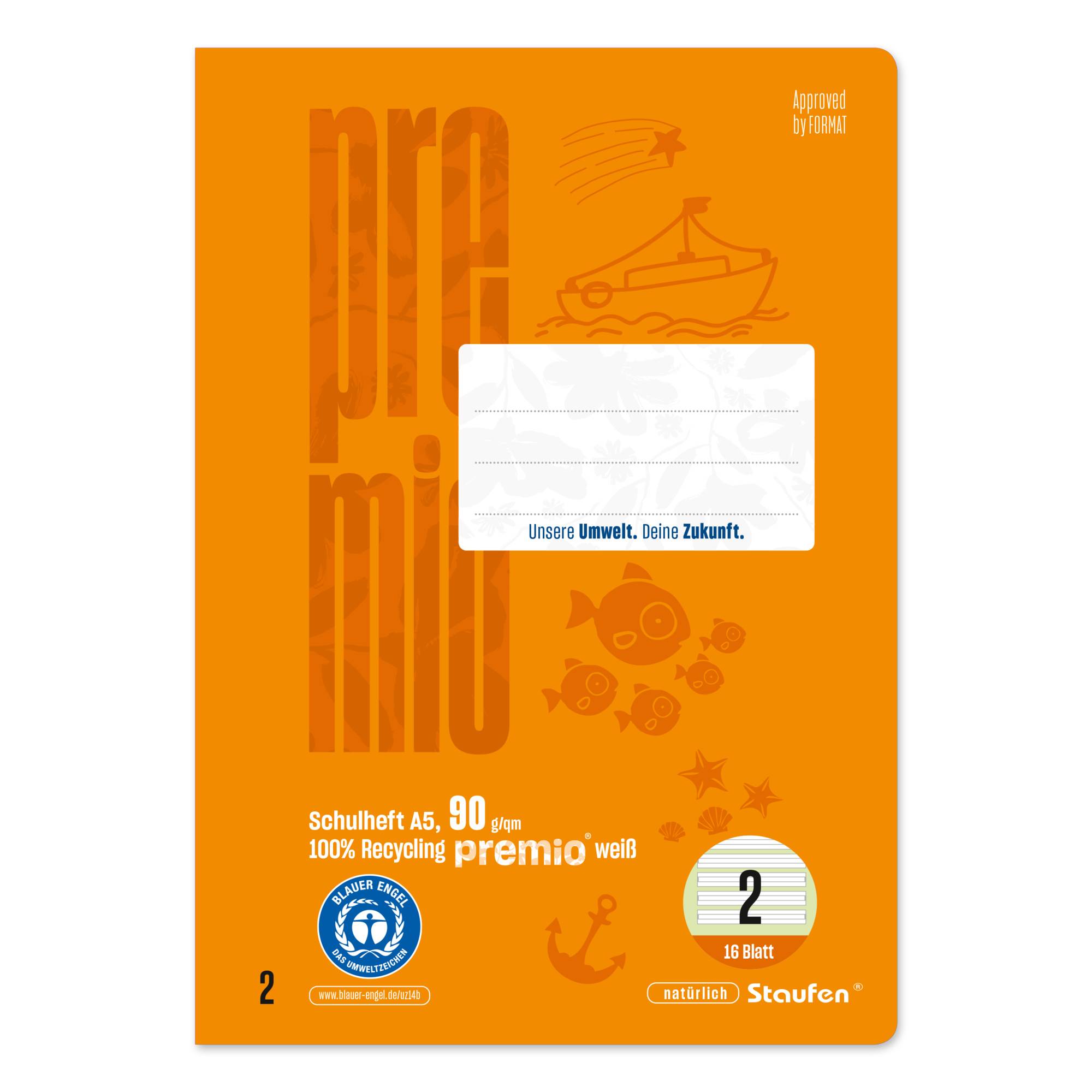 Staufen Schulheft Premio 040780002 A5 90g 16Bl Lin2 lin