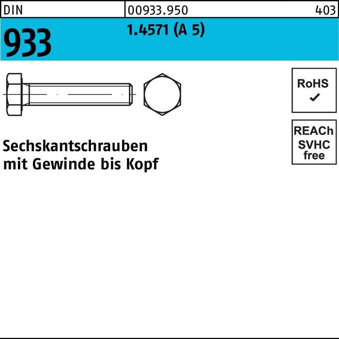 933 Sechskantschrauben, metrisches Gewinde bis Kopf' mit einer Sechskantschraube als Abbildung, RoHS- und REACH-konform