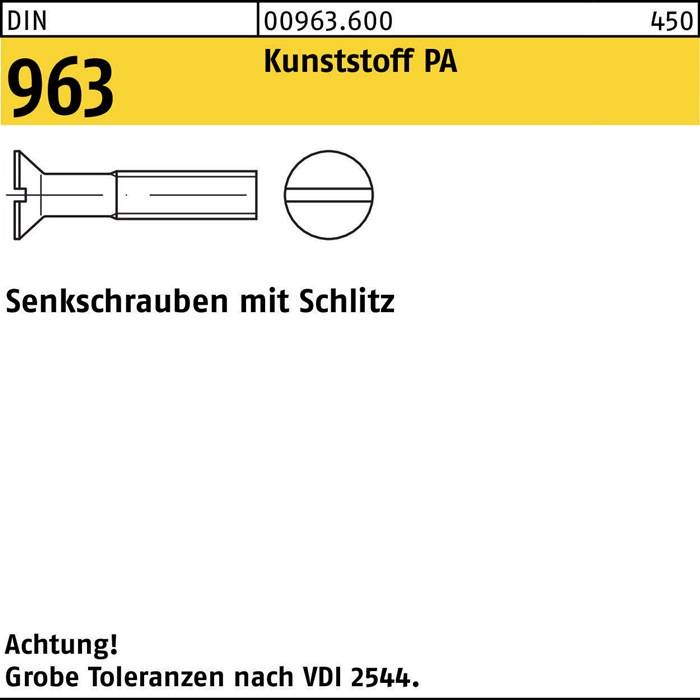 Sechskantschrauben mit Schlitz. Technische Zeichnung einer geschlitzten Sechskantschraube. Spezifikationen: DIN 963, 00963.600, 450. Vorsicht bezüglich Toleranzen gemäß KND2544.