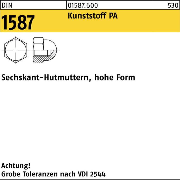 Sechskant-Hutmuttern, hohe Form mit technischen Zeichnungen und 'DIN 1587', 'Kunststoff PA', 'grobe Toleranzen nach VDI 2544