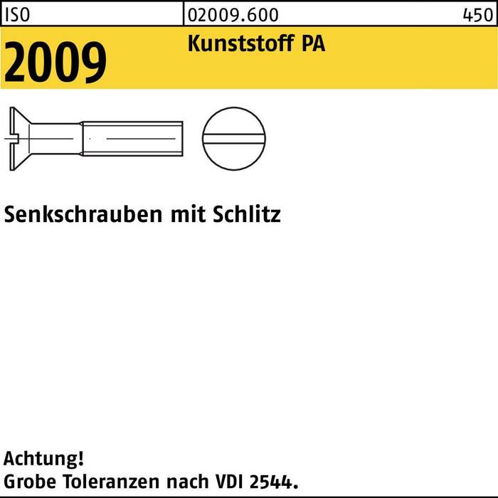 Eine Skizze zeigt eine Gewindestifte mit Schlitz. Text lautet 'ISO 2009 Kunststoff PA' und 'Achtung! Große Toleranzen nach VDI 2544'.