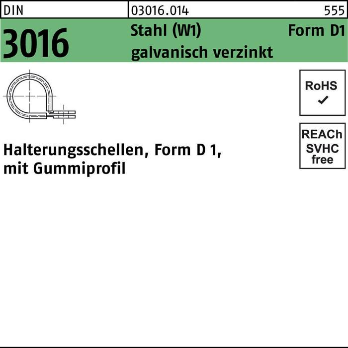 DIN 3016, Stahl (W1) galvanisch verzinkt, Form D1 mit Gummiprofil. RoHS und SVHC frei, Nummer 555. Diagramm der Klemmenform D1.