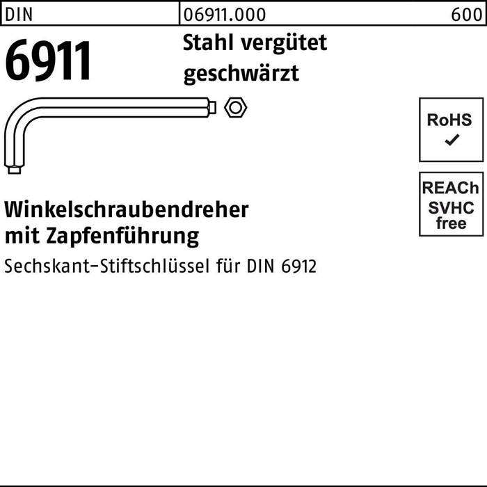 Beschriftet mit einem Sechskant-Schlüsseldiagramm: Winkelschraubendreher mit Zapfenführung, Stahl, geschwärzt. Referenzen 'RoHS REACH', DIN 6912 Norm.