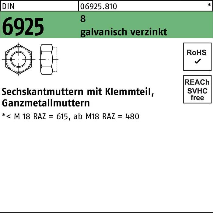 Muttern mit Klemmteil, verzinkt, RoHS-konform, REACH-frei, Abmessungen: M18 RAZ = 15, aib M18 RAZ = 48' mit technischer Illustration.
