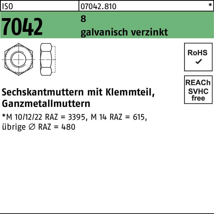 Sechskantmuttern mit Klemmung, Größe 6, verzinkt. RoHS und RVC frei. Inklusive Produktabmessungen und Standards: M10/12/489 = 3395, M14/502 = 615, andere Ø RAZ = 48.