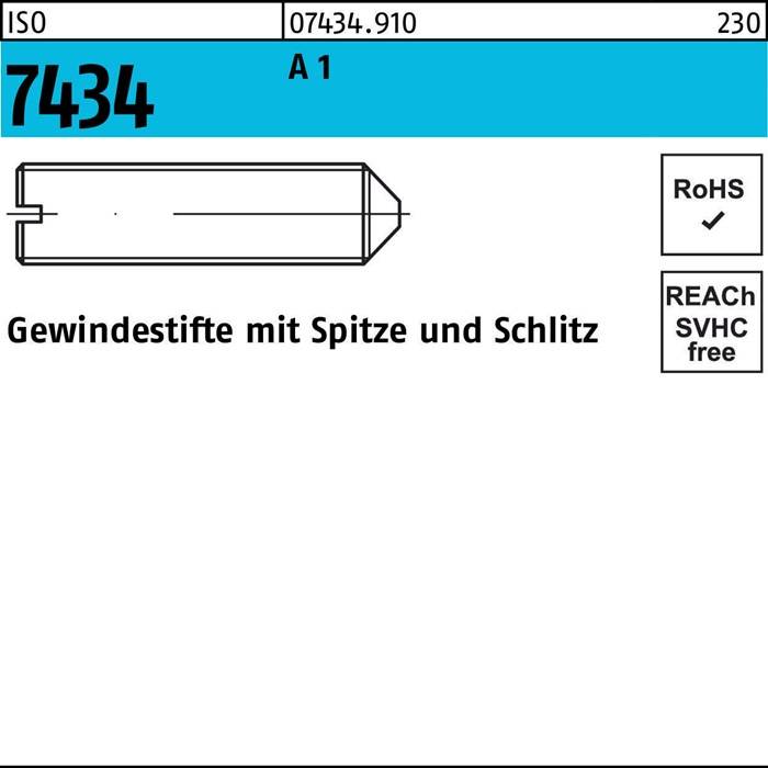 Diagramm eines Gewindebolzens mit 'Gewindestifte mit Spitze und Schlitz' Text und den Kennzeichnungen 'RoHS', 'SVHC frei', die Konformität und Spezifikationen angeben.