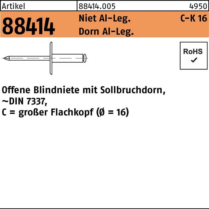 Blindniete R 88414 großer FLAKO 4,8x19,9 Niet Aluminium/Dorn Aluminium 250St.