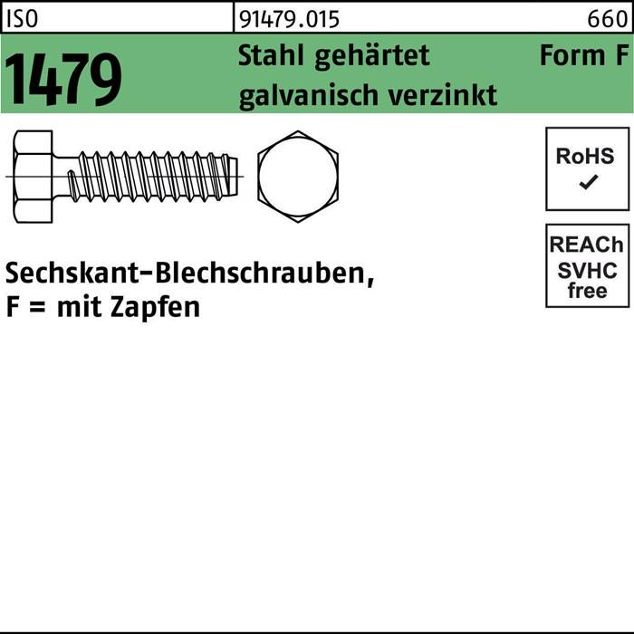Stahl gehärtet galvanisch verzinkt' F = mit Zapfen. RoHS-konform. Typ 91479.015, Form C. Schraubdiagramm mit Maßen.