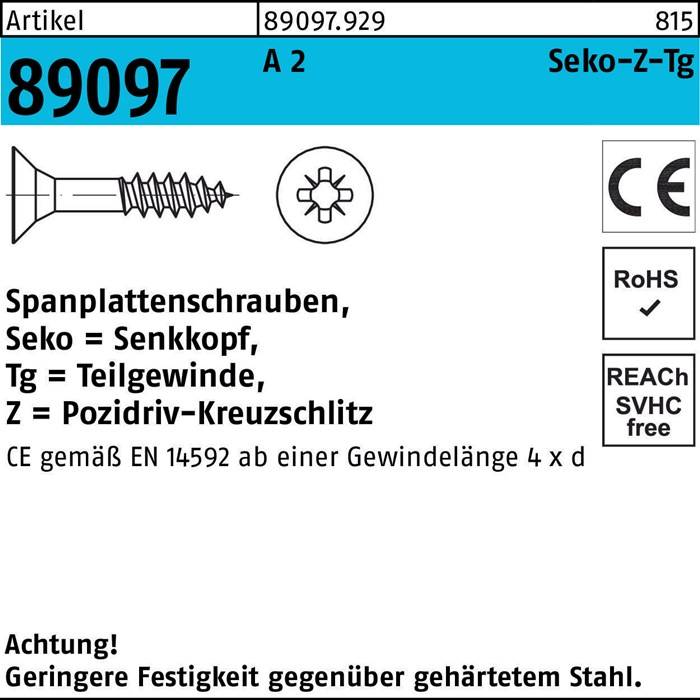 Schraube 62 mit Pozidrive-Kopf, detailliert auf einem technischen Etikett mit CE-, RoHS- und REACH-Symbolen sowie Spezifikationen zur Verwendung in Holzstrukturen.