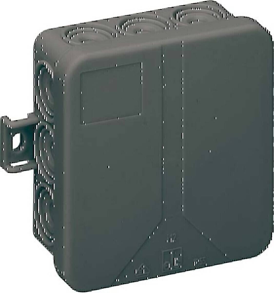 Eine graue, rechteckige Verteilerdose mit mehreren Kabeleinführungspunkten, die typischerweise für elektrische Kabelverbindungen und Schutz verwendet wird.