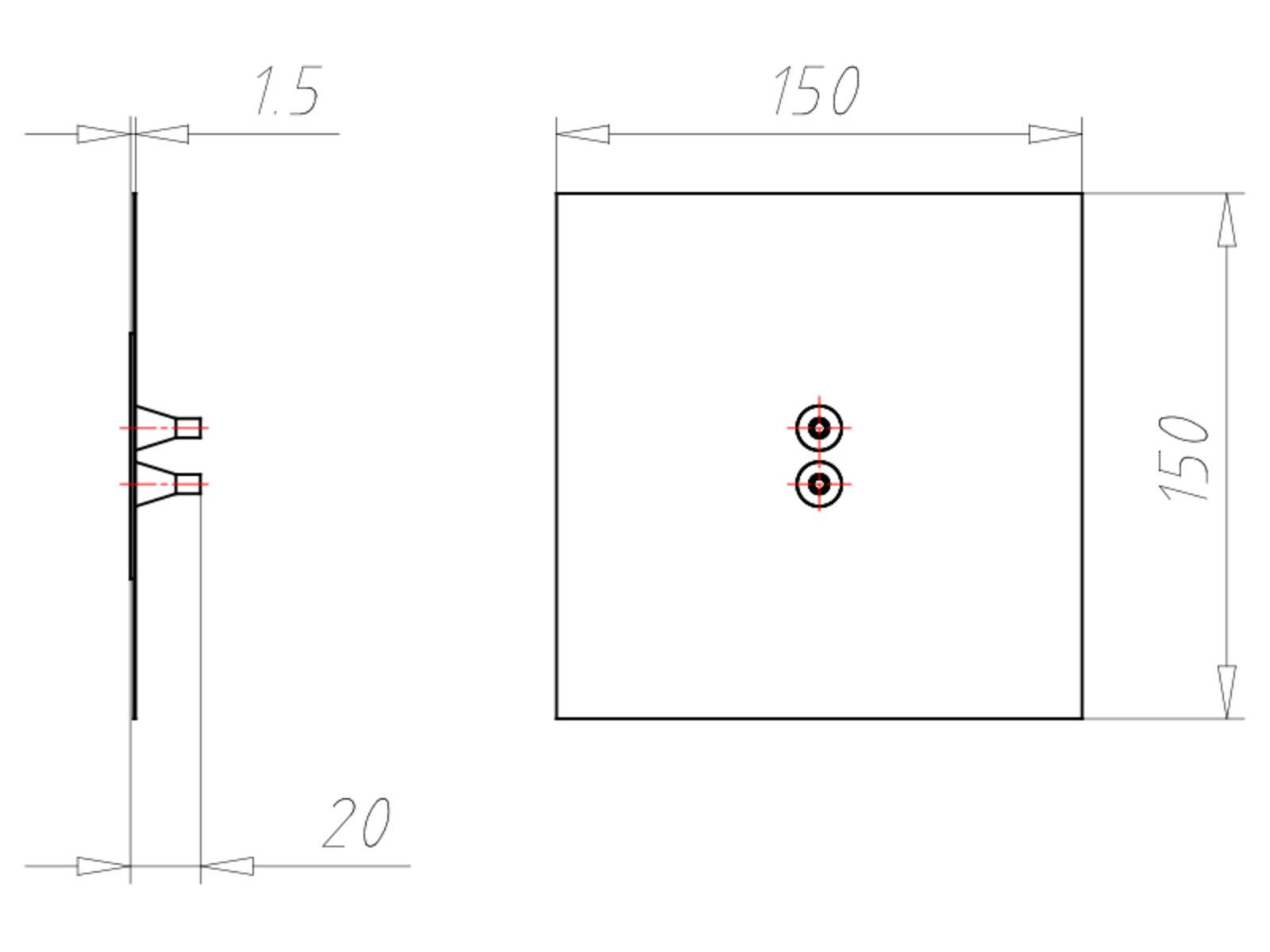 Technische Zeichnung mit Maßangaben einer quadratischen Metallplatte mit Seitenlänge 150, zwei zentralen Löchern und Seitenansicht mit Angabe der Lochmtiefe von 20 und einem Abstand von 1,5.