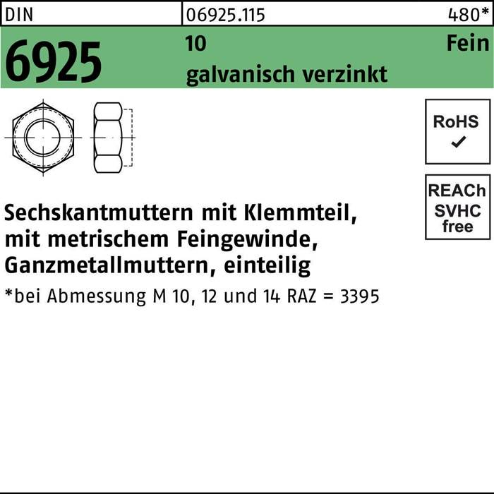 Sechskantmutter mit Klemmteil, metrisches Feingewinde, feuerverzinkt, mit Produktnummer 06295.115 und Größe 10 aus Katalog 480.