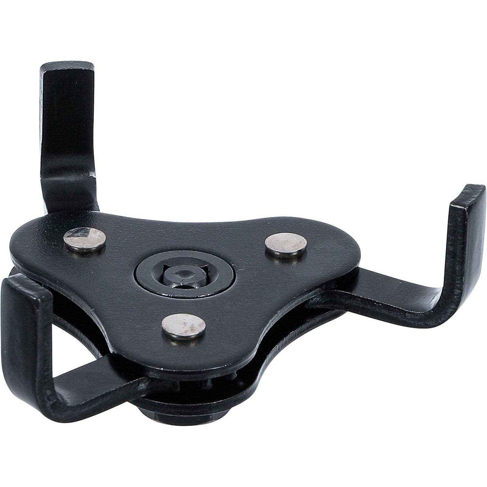 Ein schwarzer Metallwandhalter mit drei Zinken und Bohrlöchern, der dazu konzipiert ist, ein rundes Objekt wie ein Mikrofon oder einen Lautsprecher sicher zu befestigen.