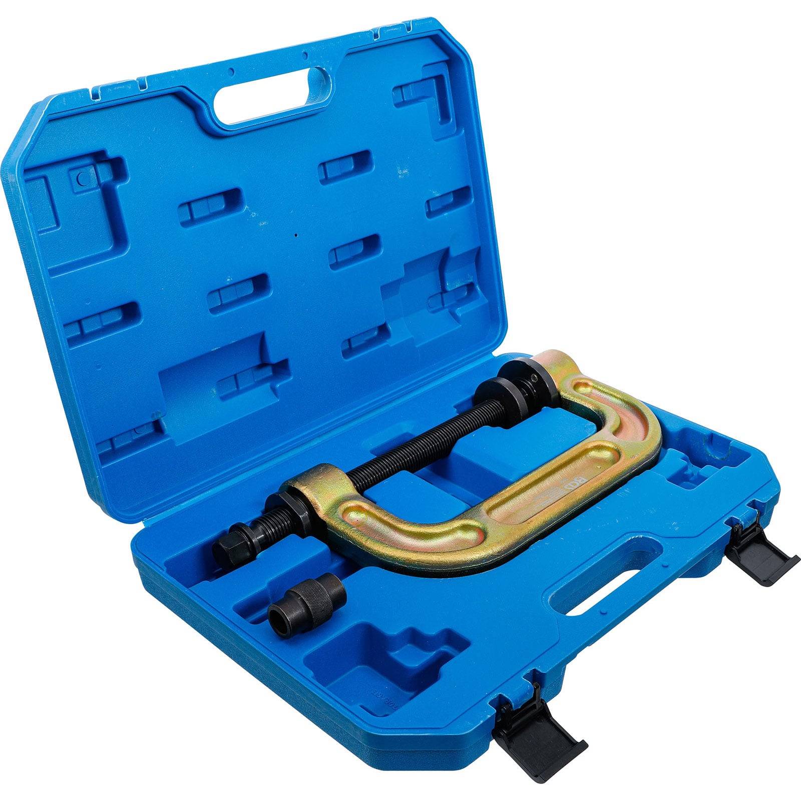 Eine blaue Kunststoff-Transportbox mit offener Deckelklappe, in der ein Metall-Schraubzwingenwerkzeug zusammen mit Zubehör in geformten Aussparungen platziert ist.