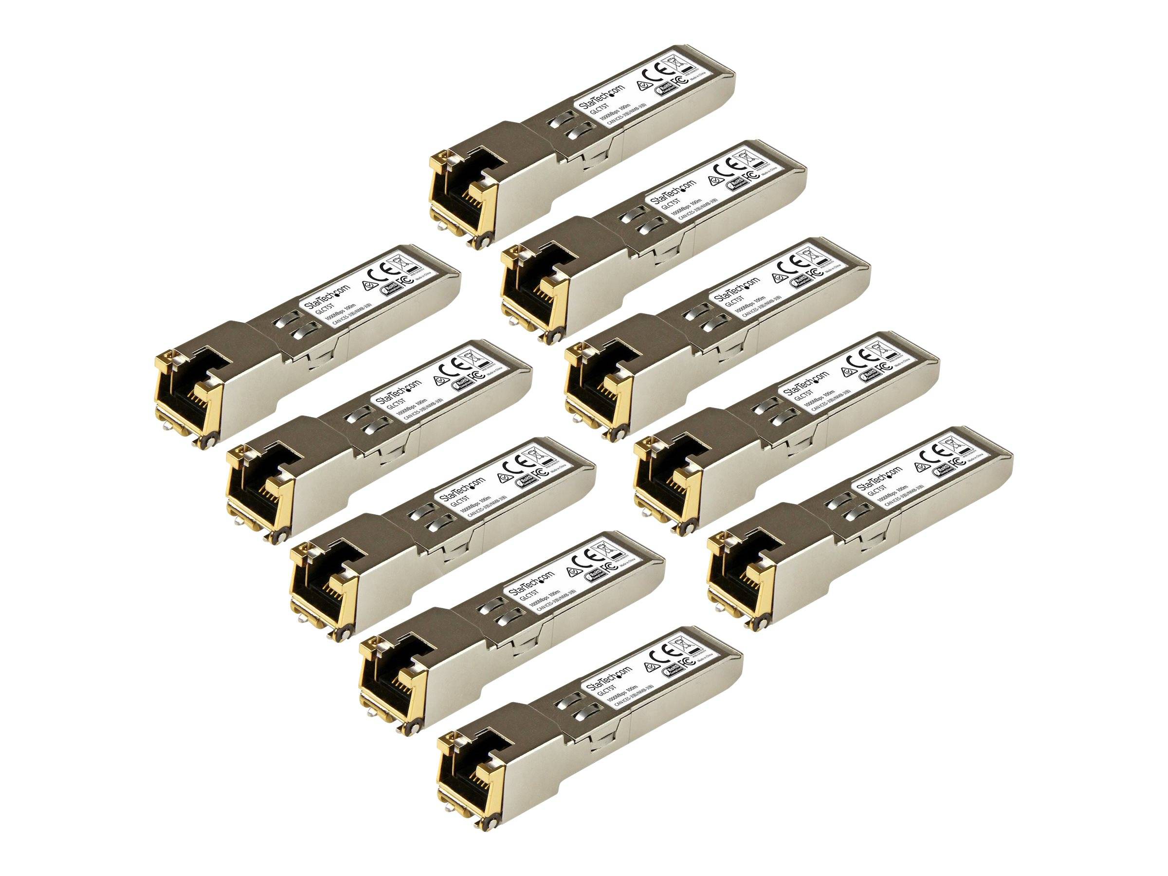 Acht SFP-Transceiver-Module in einem Cluster auf weißem Hintergrund angeordnet.