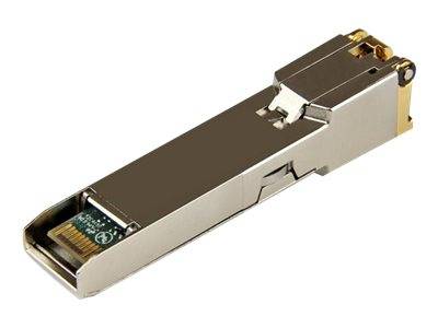 Metall-SFP-Netzwerk-Transceiver-Modul mit freiliegendem Leiterplattenstecker auf weißem Hintergrund.