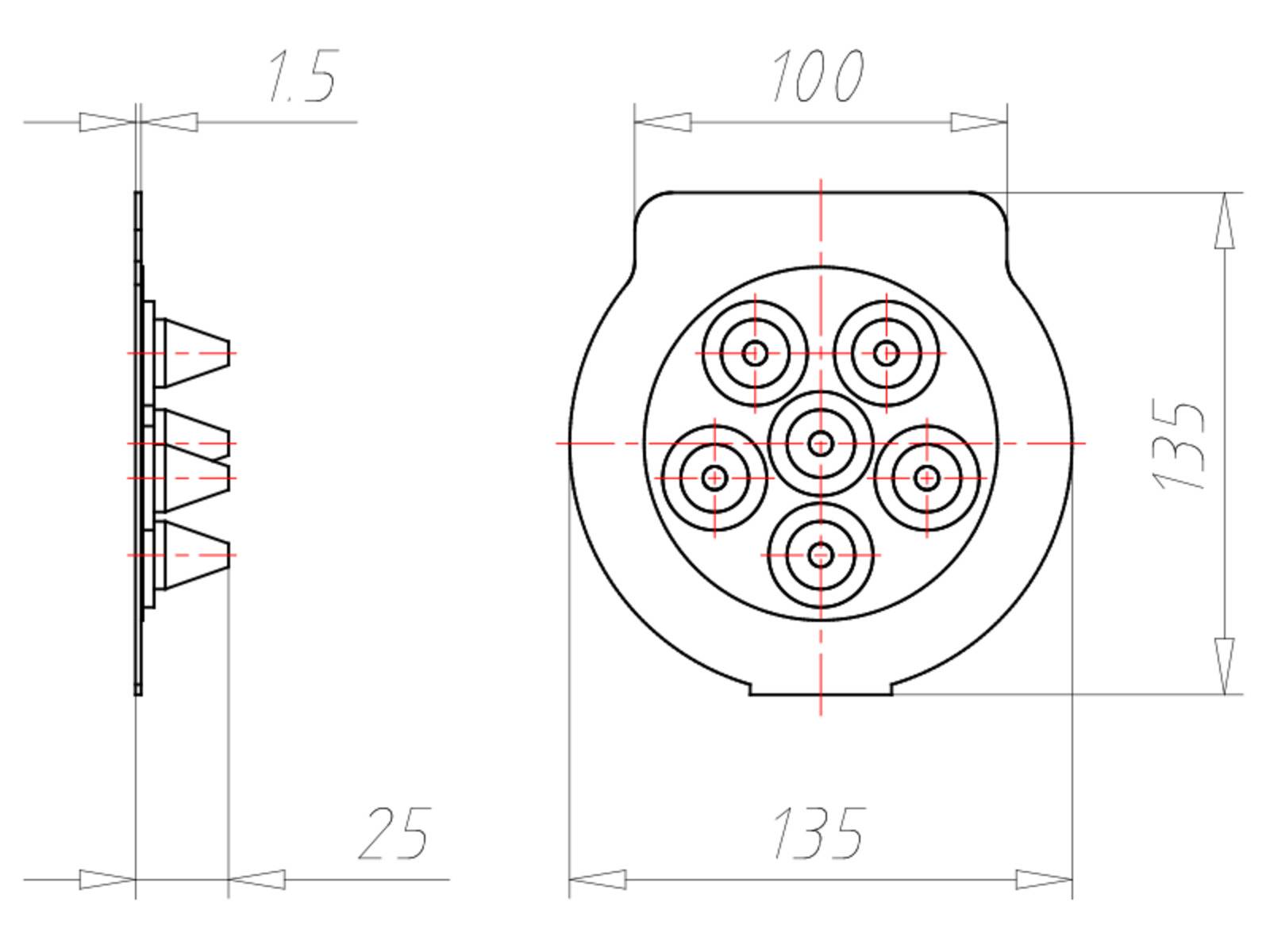 Technische Zeichnung einer kreisförmigen Mehrlochnabe mit Abmessungen: Außendurchmesser 135, innere Kreise 100, Tiefendetails auf der linken Seite.