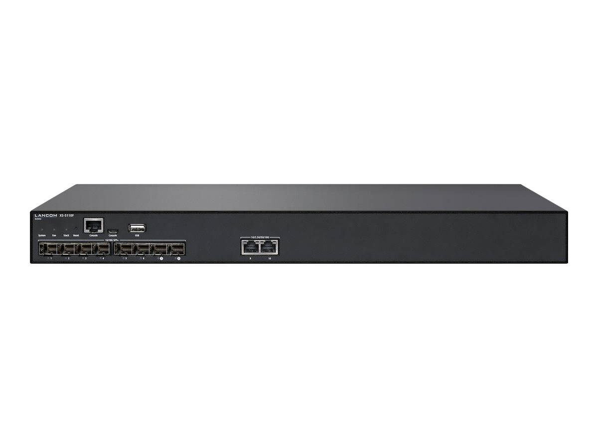 Schwarzes 1U-Netzwerk-Switch mit Frontplatte mit mehreren Ethernet-Anschlüssen, zwei Uplink-Anschlüssen und Status-LEDs auf neutralem Hintergrund.